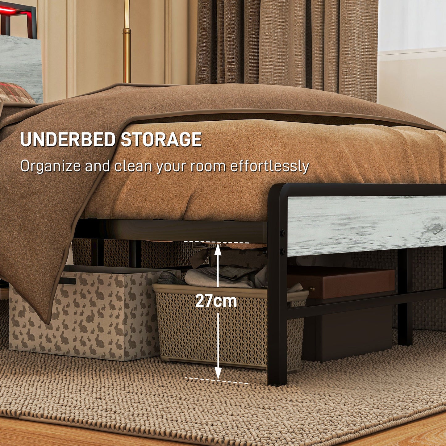 HOMCOM LED Single Bed Frame with Charging Station, 90 x 190cm, Cement Grey