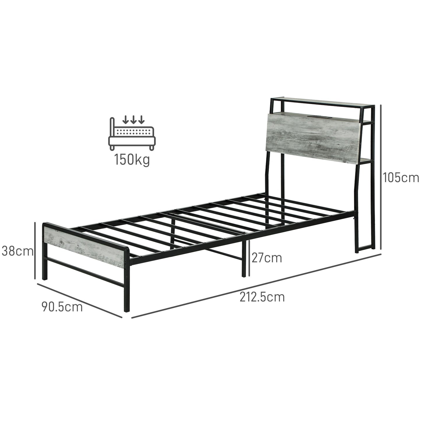 HOMCOM LED Single Bed Frame with Charging Station, 90 x 190cm, Cement Grey