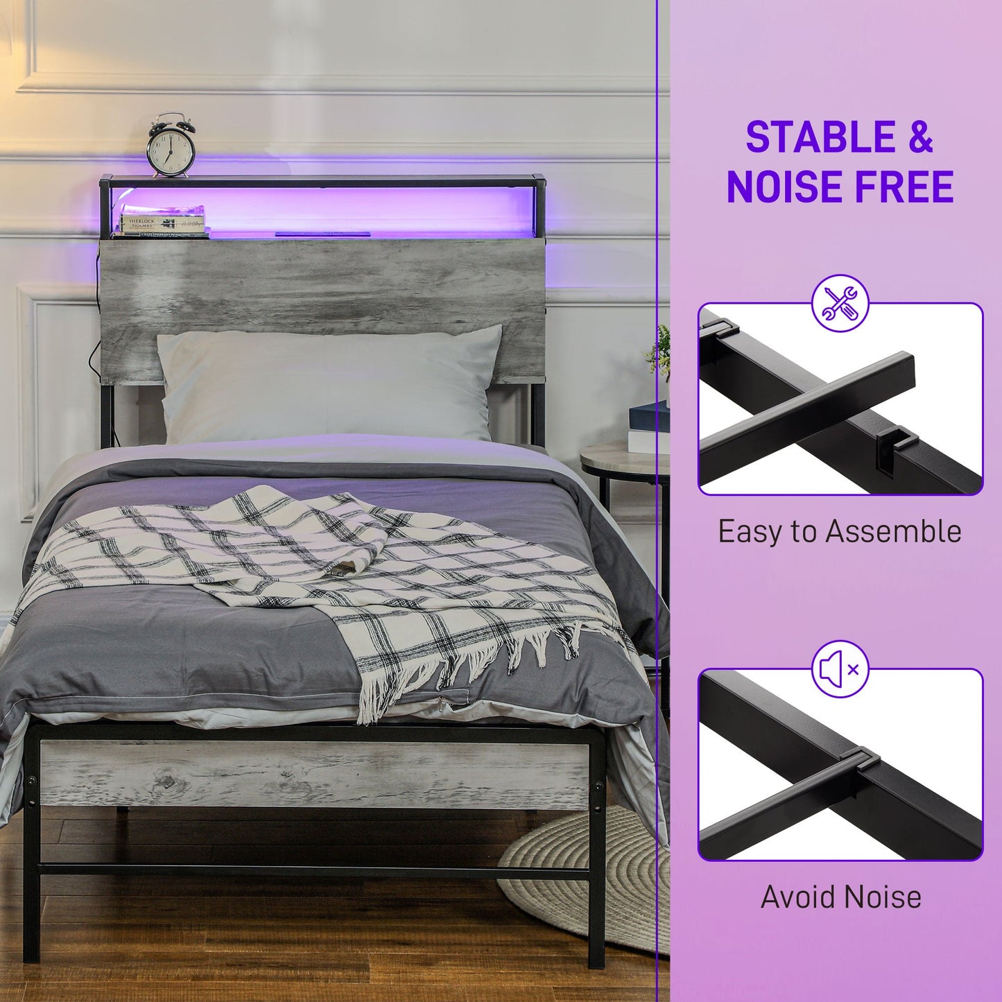 HOMCOM LED Single Bed Frame with Charging Station, 90 x 190cm, Cement Grey