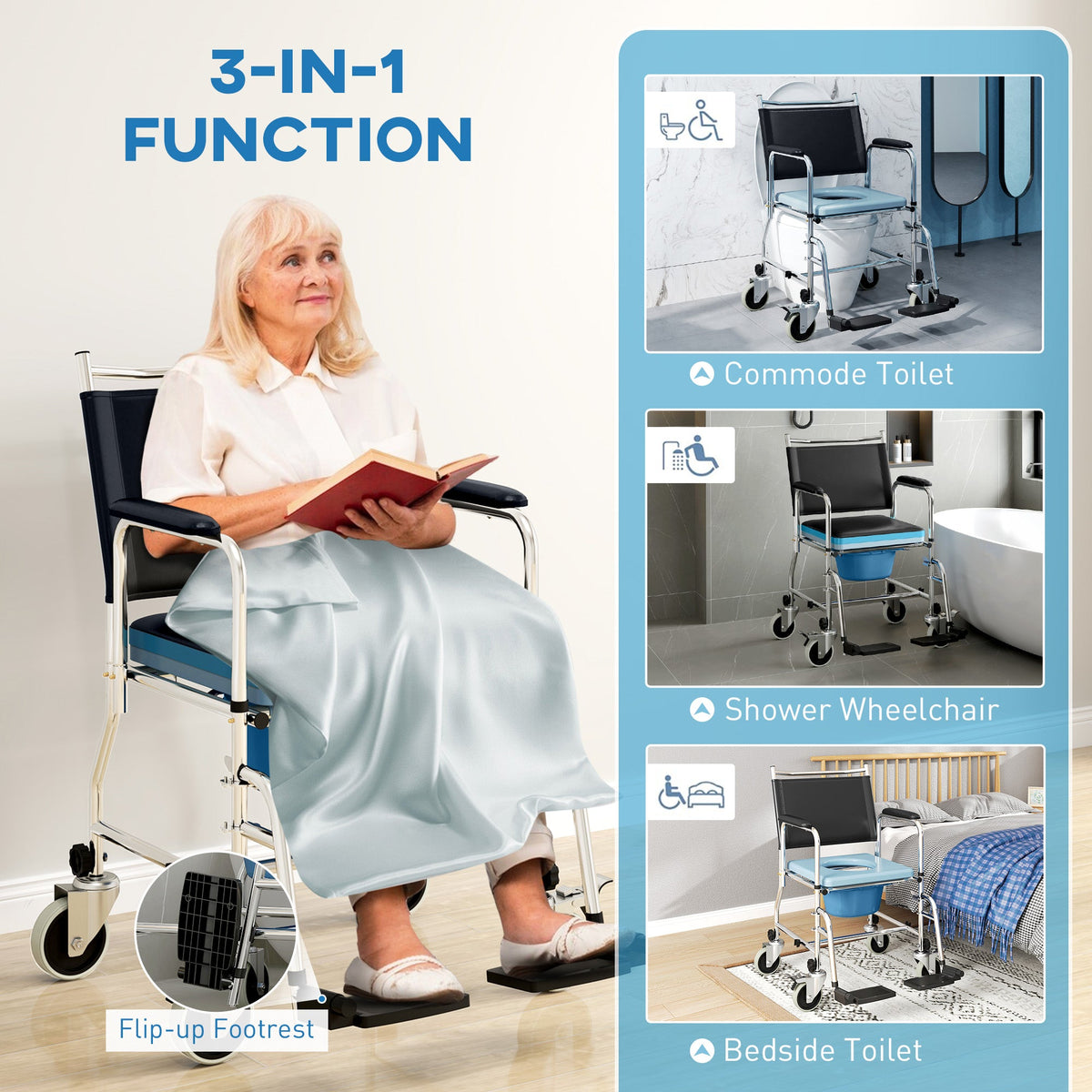 HOMCOM Shower Wheelchair, Commode Wheeled Chair with Padded Seat, Backrest