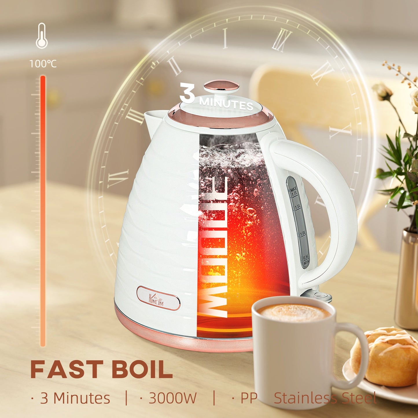 HOMCOM Electric Kettle, Fast Boil, 1.7L, 3kW, Swivel
