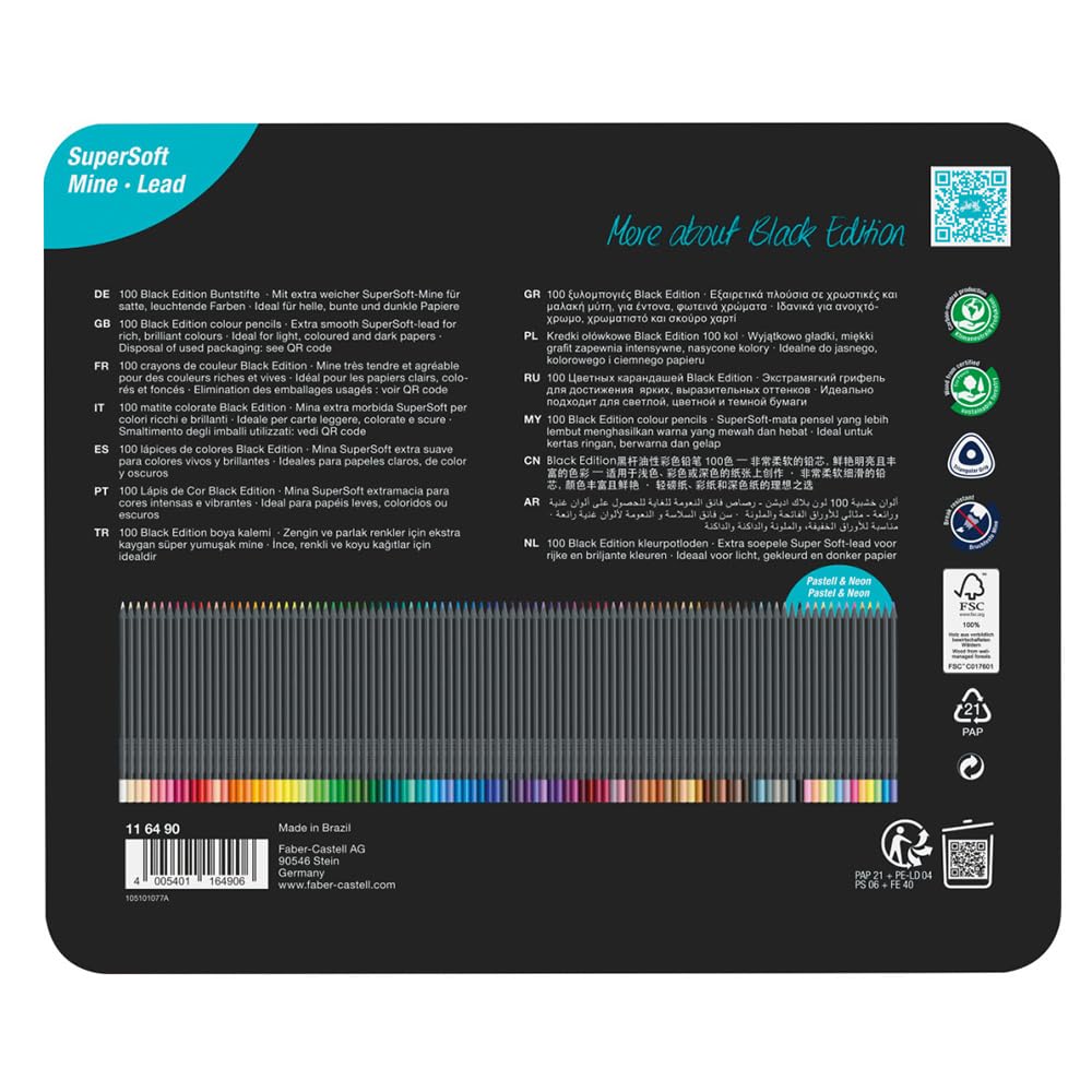 Faber-Castell Black Edition Colored Pencils – 100-Count Set (Vibrant, Smooth Color)