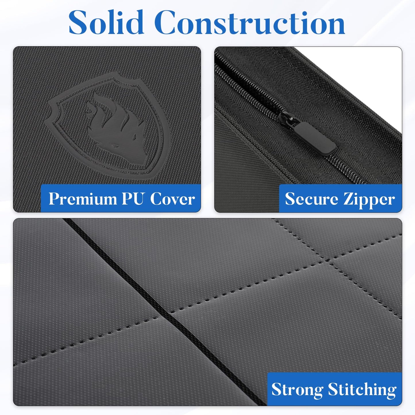 Fabmaker Premium Zip Card Binder – 912-Card Capacity, 12-Pocket PU Zipper Album, Side-Loading Binder, Black