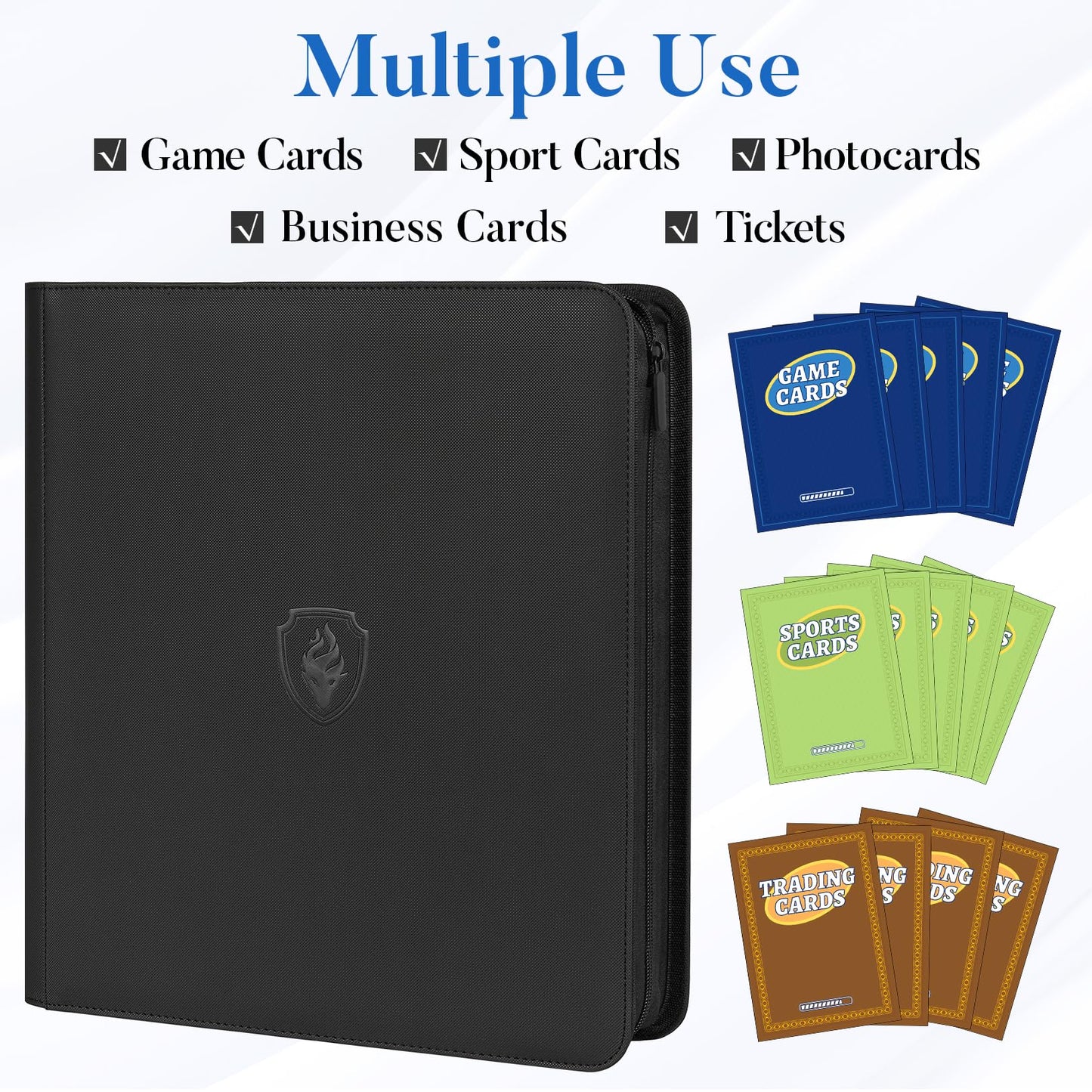 Fabmaker Premium Zip Card Binder – 912-Card Capacity, 12-Pocket PU Zipper Album, Side-Loading Binder, Black