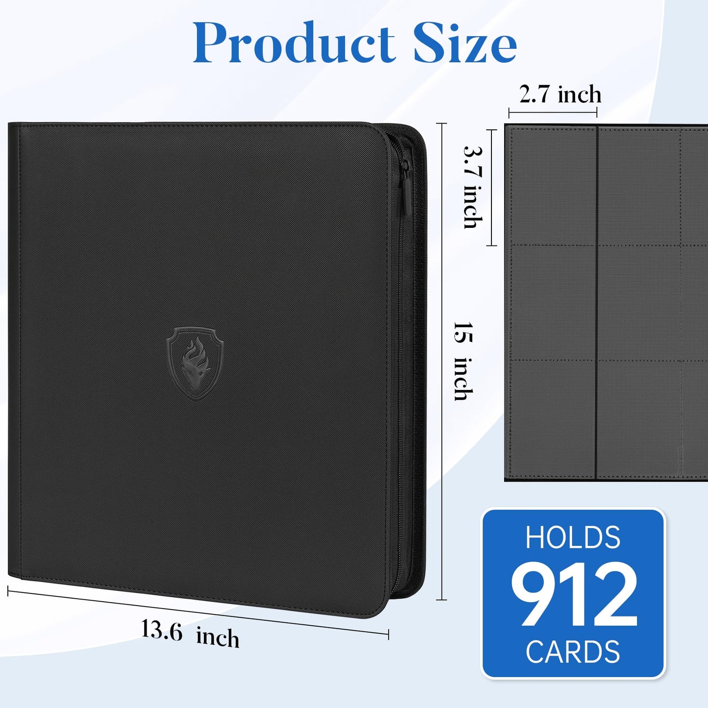 Fabmaker Premium Zip Card Binder – 912-Card Capacity, 12-Pocket PU Zipper Album, Side-Loading Binder, Black