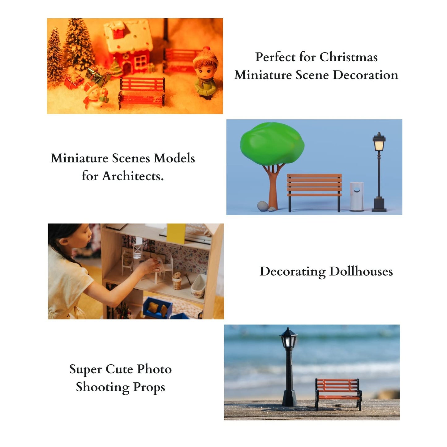 FABMODE 3 Pcs Christmas Dollhouse Benches & Mini Street Lamp - 1:25 Scale