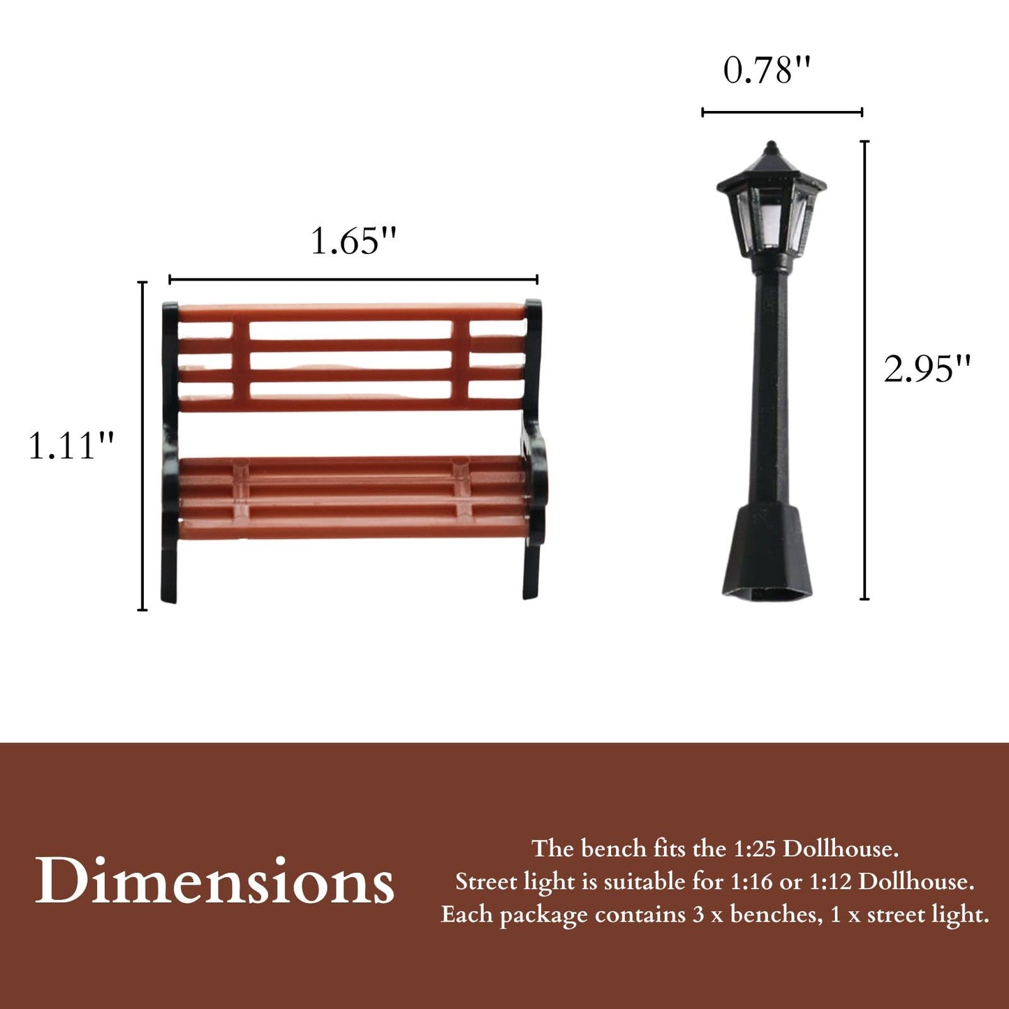 FABMODE 3 Pcs Christmas Dollhouse Benches & Mini Street Lamp - 1:25 Scale