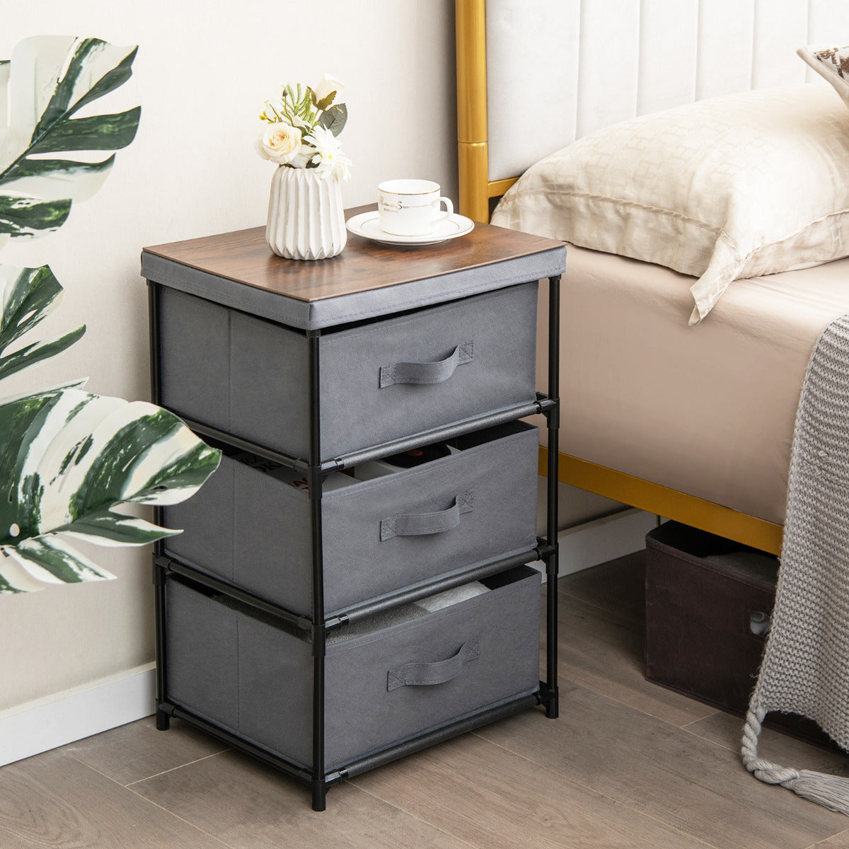 Fabric Storage Organizer Tower Unit Set of 2 with Removable Lid-Black
