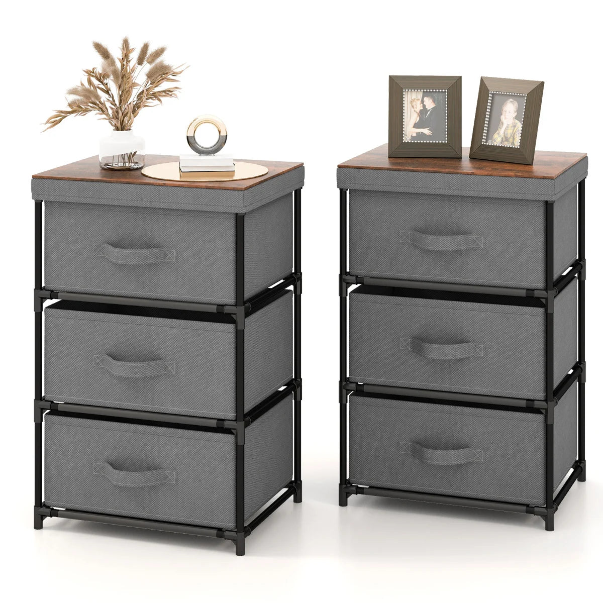 Fabric Storage Organizer Tower Unit Set of 2 with Removable Lid-Black