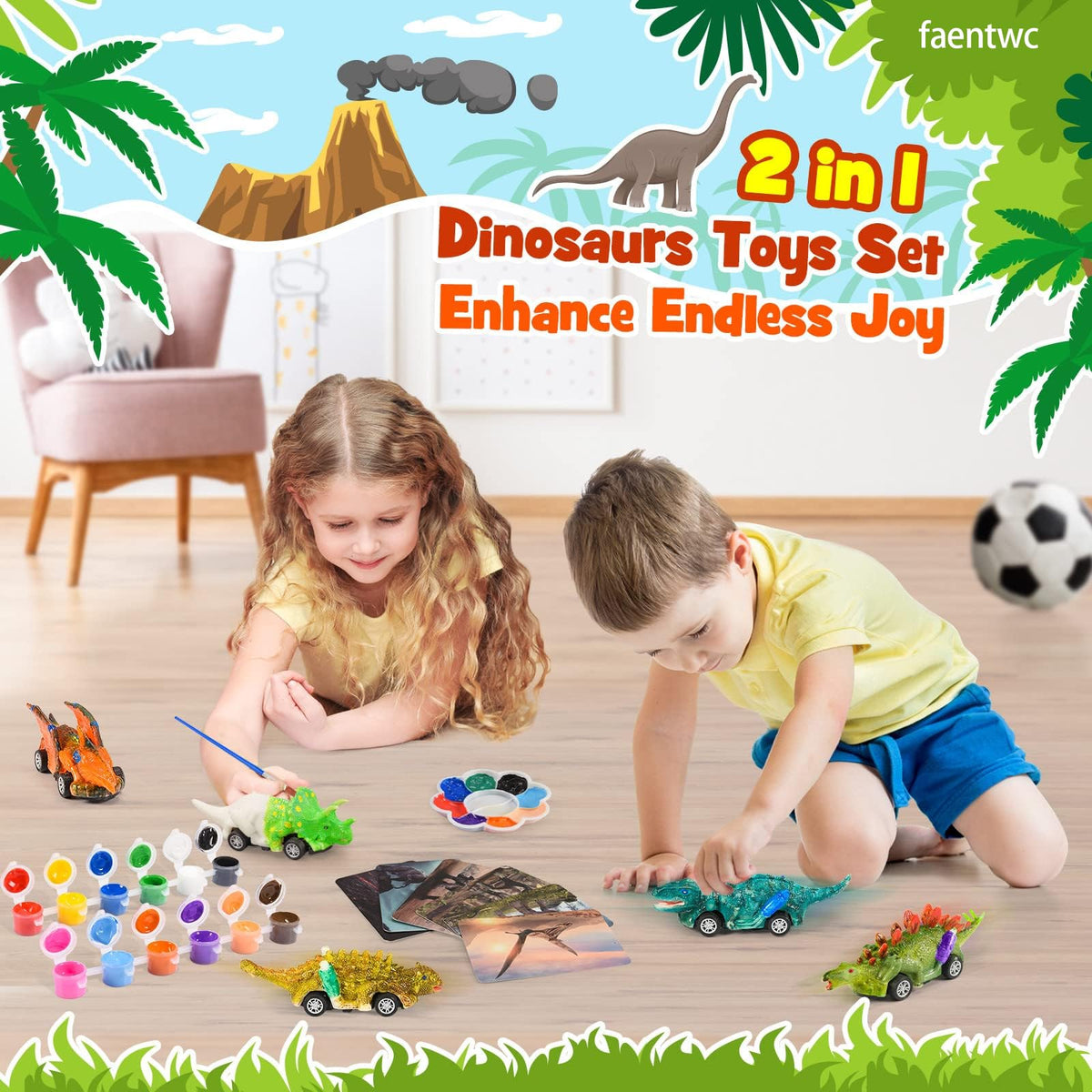 faentwc Dinosaur Painting Toys for Kids 5-7 | 2-in-1 Art Kit and Pull-Back Cars