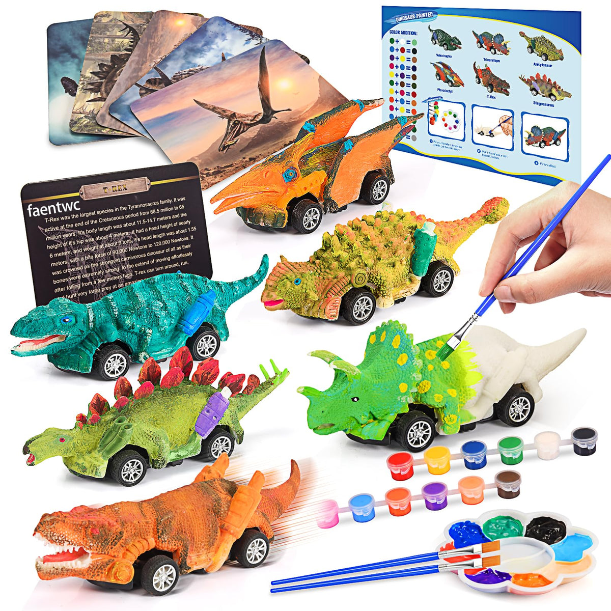 faentwc Dinosaur Painting Toys for Kids 5-7 | 2-in-1 Art Kit and Pull-Back Cars