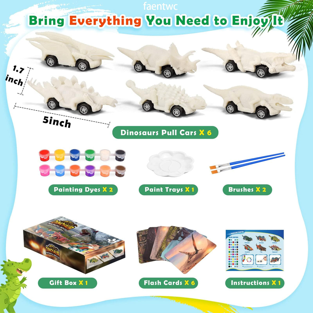 faentwc Dinosaur Painting Toys for Kids 5-7 | 2-in-1 Art Kit and Pull-Back Cars