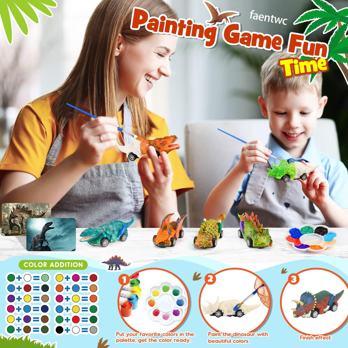 faentwc Dinosaur Painting Toys for Kids 5-7 | 2-in-1 Art Kit and Pull-Back Cars