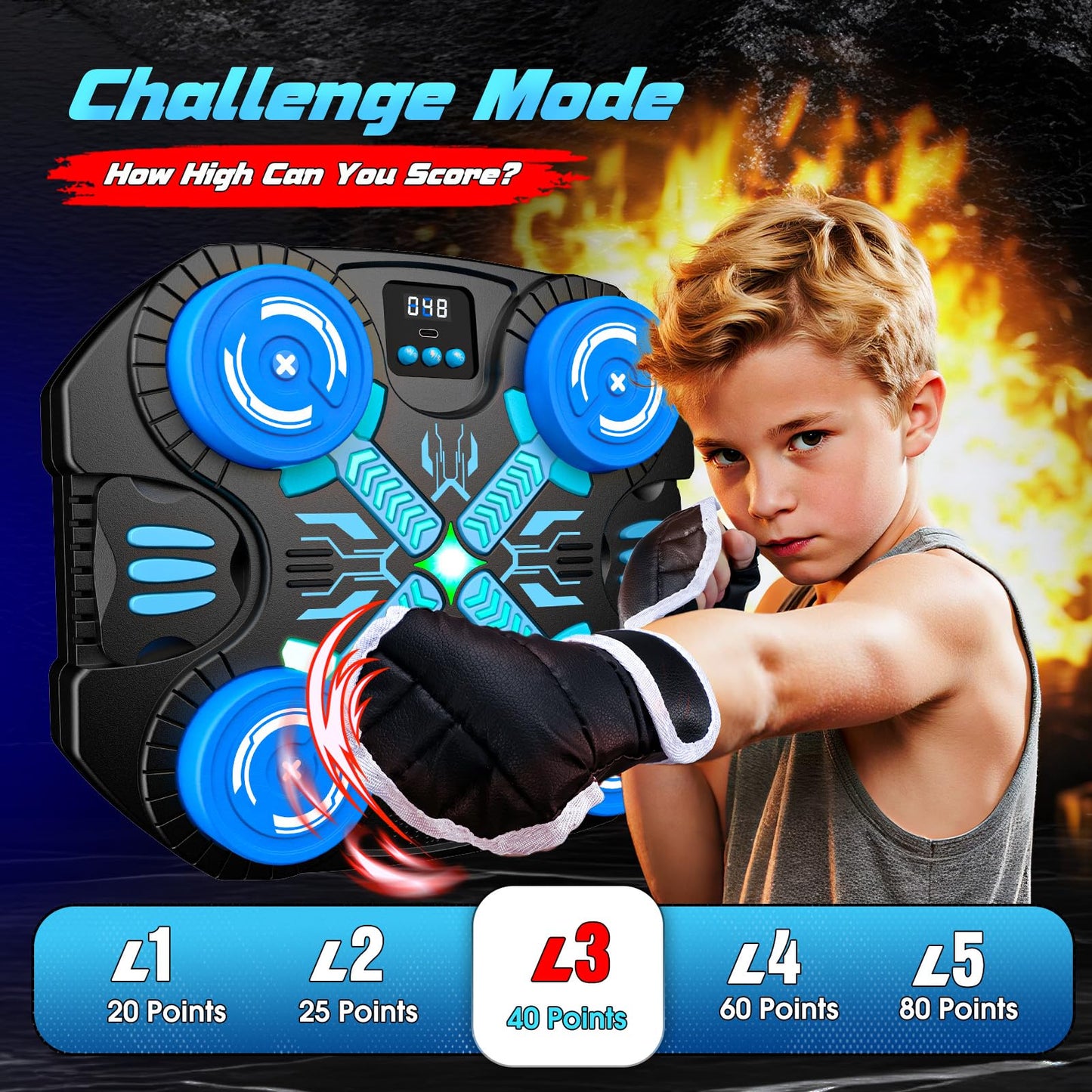 faentwc Boxing Machine with Music for Kids — 3 Modes, 14 Levels, Wall-Mounted Bluetooth Punching Target