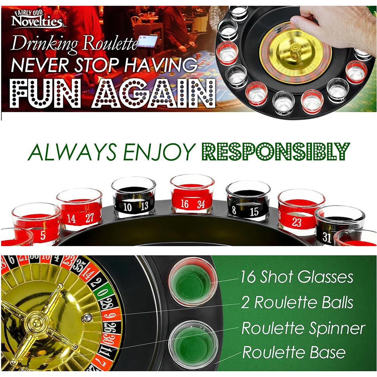 Fairly Odd Novelties Shot Glass Roulette – 16-Piece Set with 2 Metal Balls