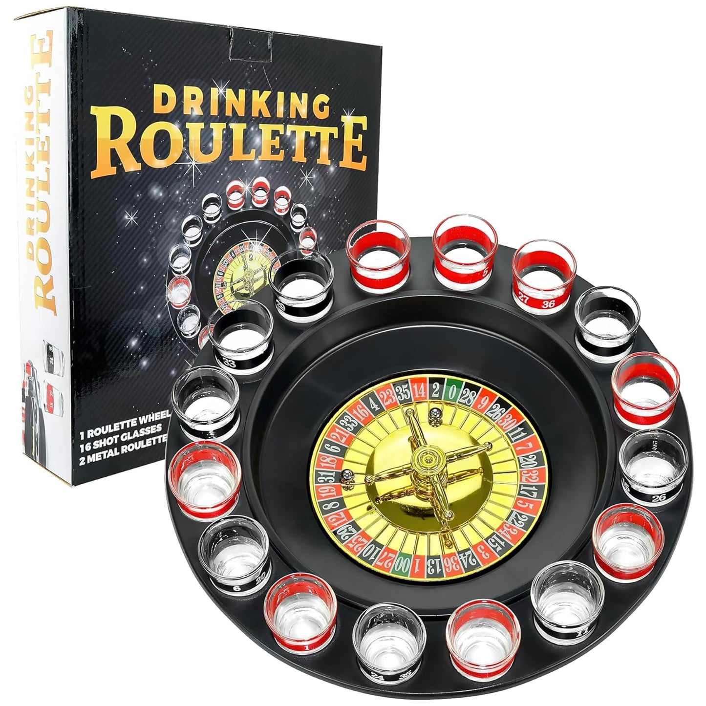 Fairly Odd Novelties Shot Glass Roulette – 16-Piece Set with 2 Metal Balls