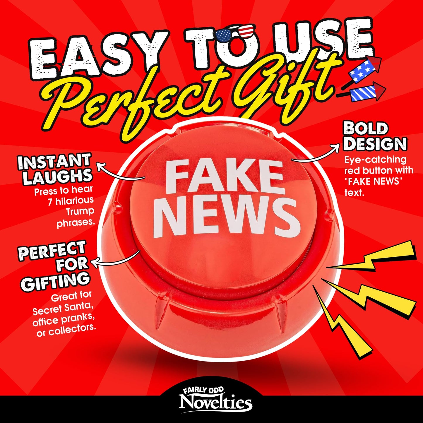Fairly Odd Novelties Trumped Up Fake News Button – 7 Hilarious Donald Trump Sayings for Parties & Office Fun – Red