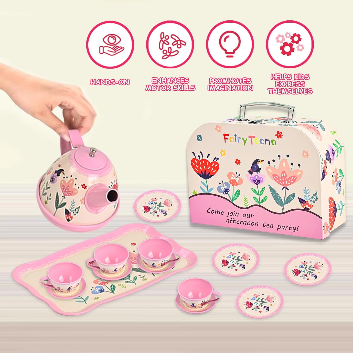 Fairy Toona Floral Tea Party Set – 15-Piece Pink Pretend Play Tea Set for Girls Aged 3–6
