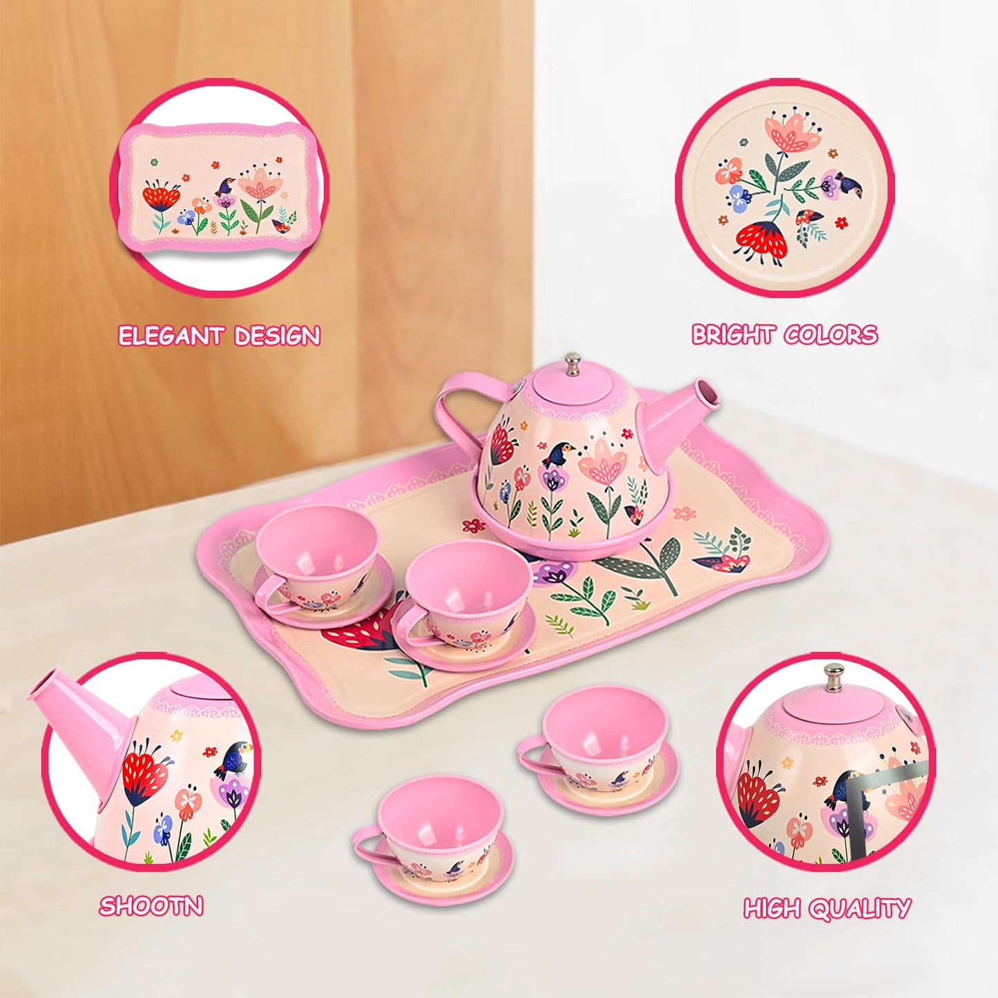 Fairy Toona Floral Tea Party Set – 15-Piece Pink Pretend Play Tea Set for Girls Aged 3–6