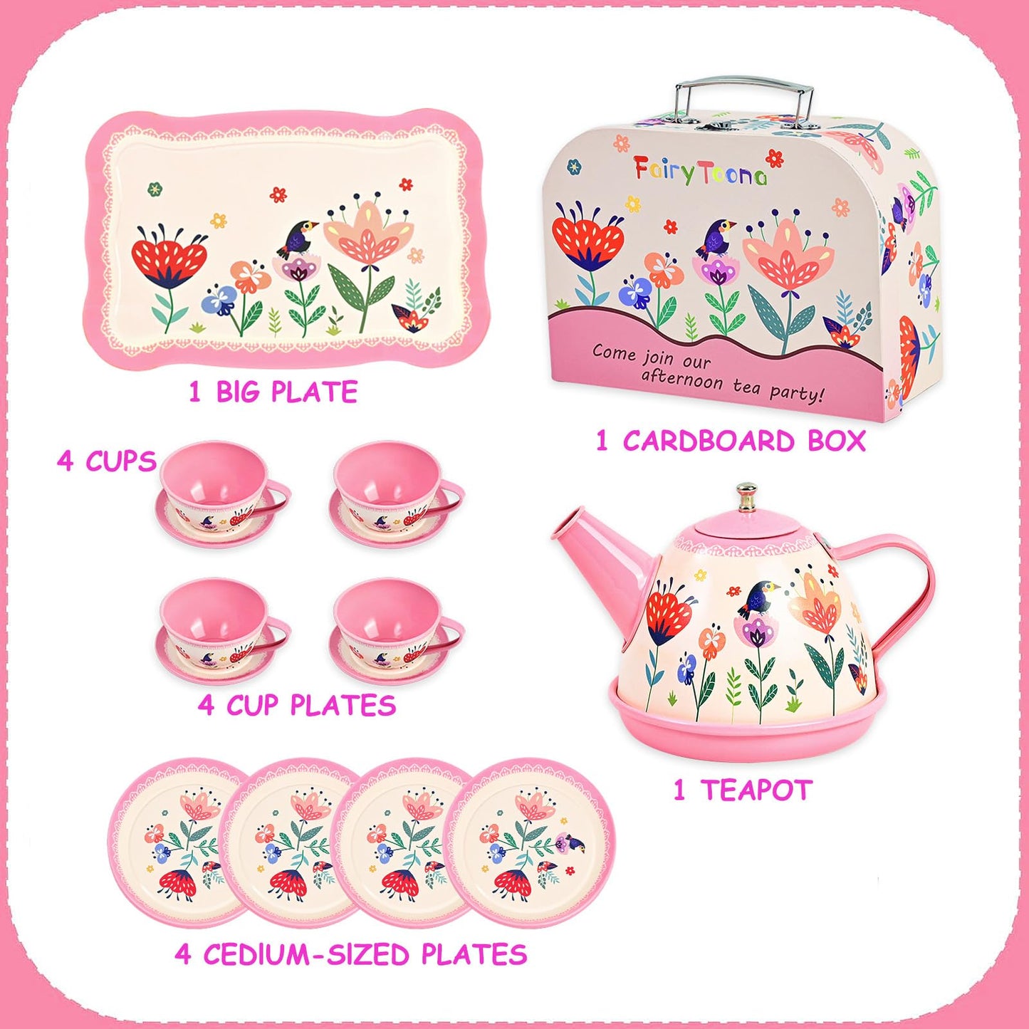 Fairy Toona Floral Tea Party Set – 15-Piece Pink Pretend Play Tea Set for Girls Aged 3–6
