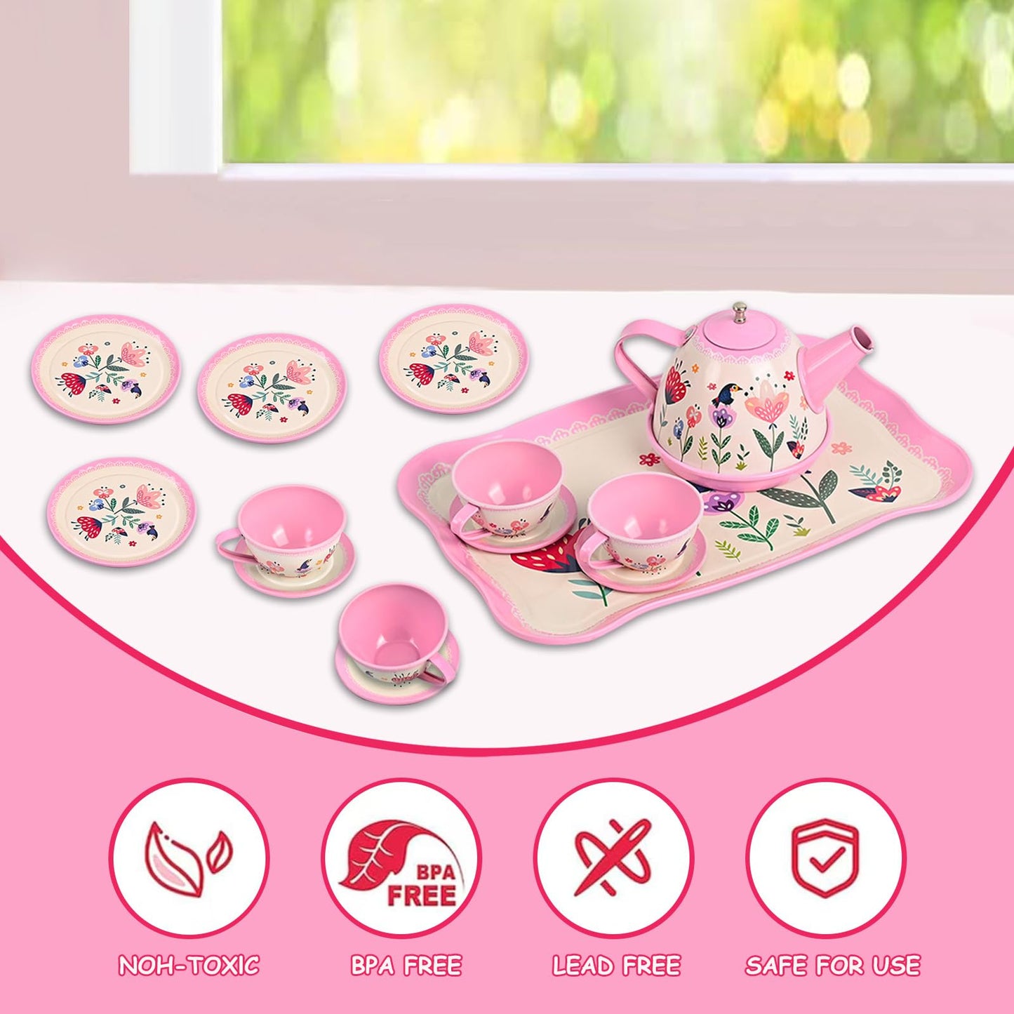 Fairy Toona Floral Tea Party Set – 15-Piece Pink Pretend Play Tea Set for Girls Aged 3–6
