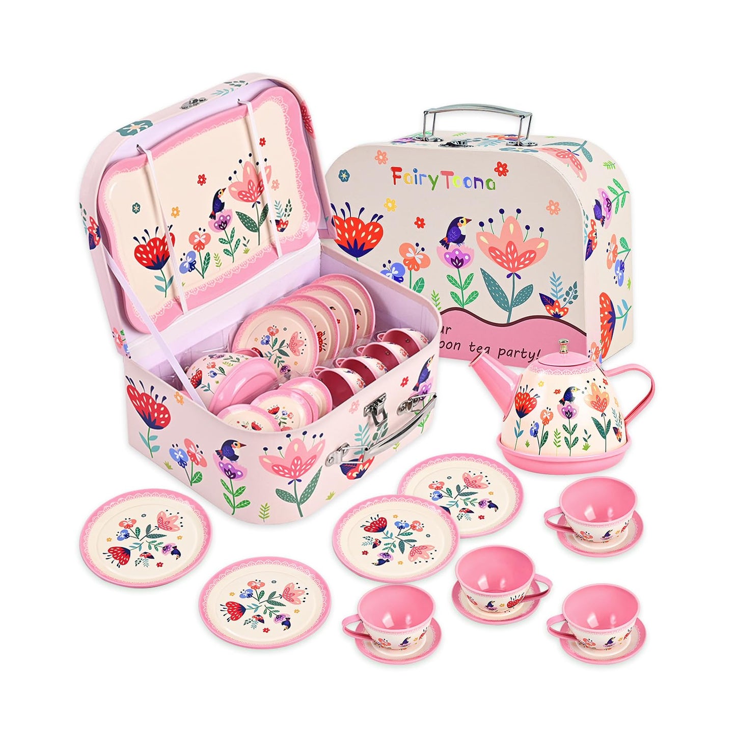 Fairy Toona Floral Tea Party Set – 15-Piece Pink Pretend Play Tea Set for Girls Aged 3–6