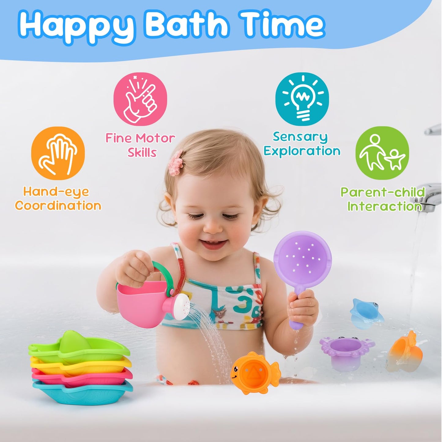 Fajiabao 9-Piece Baby Bath Toys — Mold-Free Bath Set for Toddlers 1-3