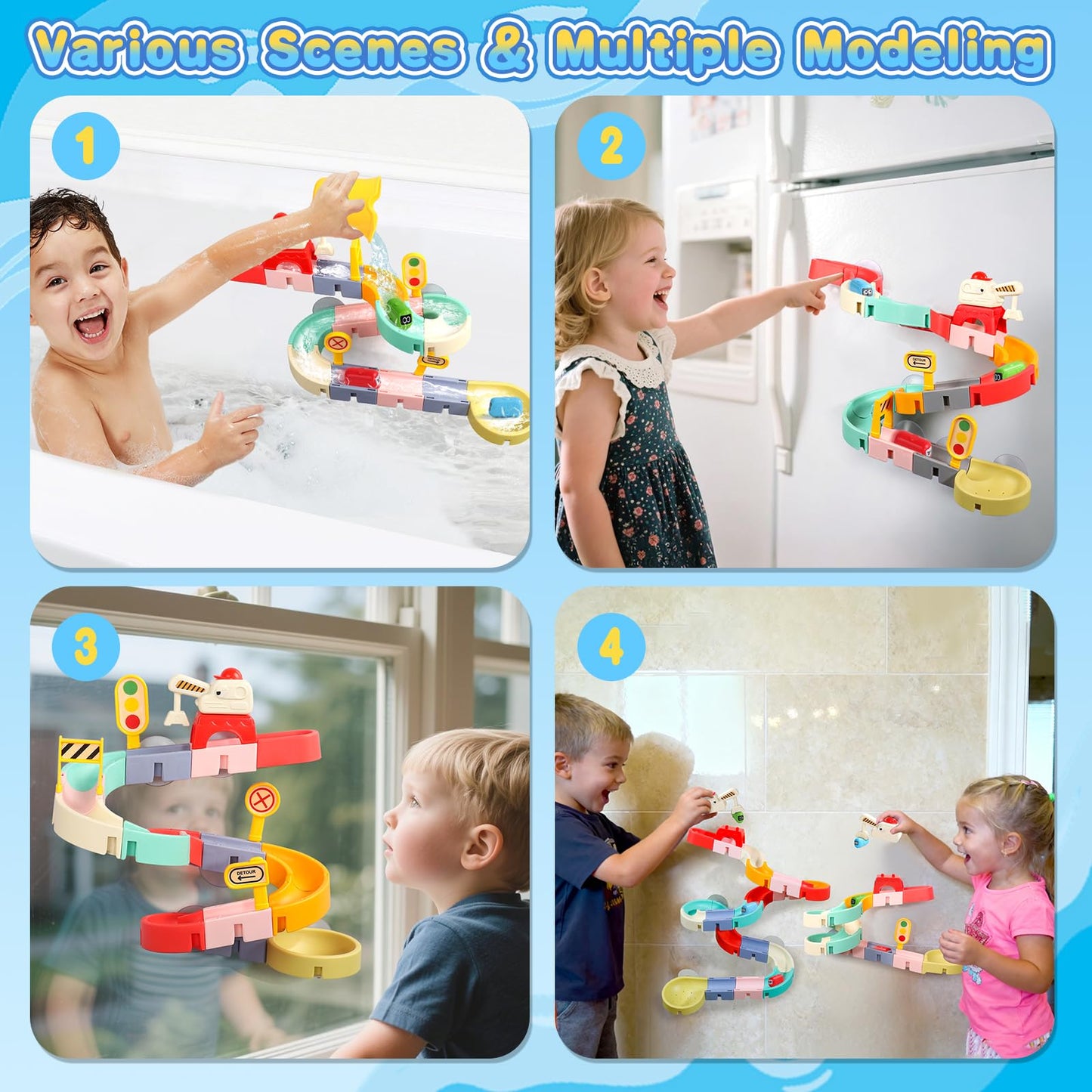 Fajiabao Kids Bath Toys – 38-Piece Magnetic Track Set for Ages 3-8 | Mold-Free, DIY Slides & Cars