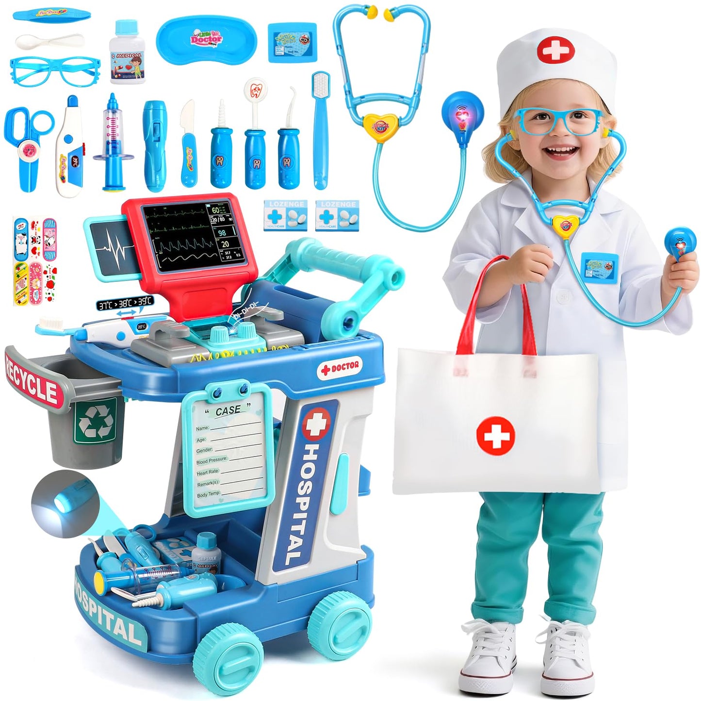 Fajiabao Doctor Kit for Toddlers 3-5 – Fun Kids Doctor Play Set with Cart, Stethoscope & Dress-Up