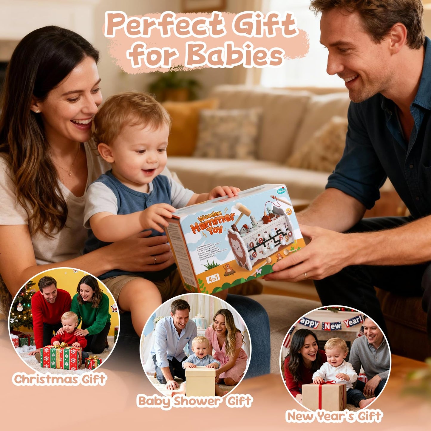 Fajiabao Wooden 4-in-1 Montessori Toy for Toddlers — 1 Year Old Learning Toy with Pounding Bench, Xylophone, Fishing Game & Number Maze