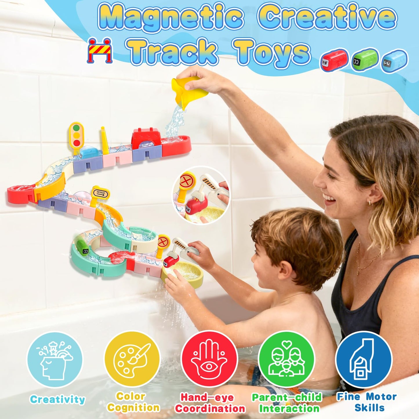 Fajiabao Kids Bath Toys – 38-Piece Magnetic Track Set for Ages 3-8 | Mold-Free, DIY Slides & Cars