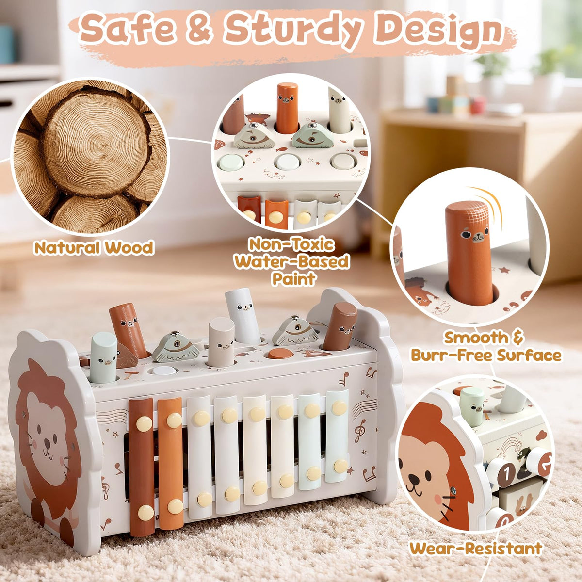 Fajiabao Wooden 4-in-1 Montessori Toy for Toddlers — 1 Year Old Learning Toy with Pounding Bench, Xylophone, Fishing Game & Number Maze