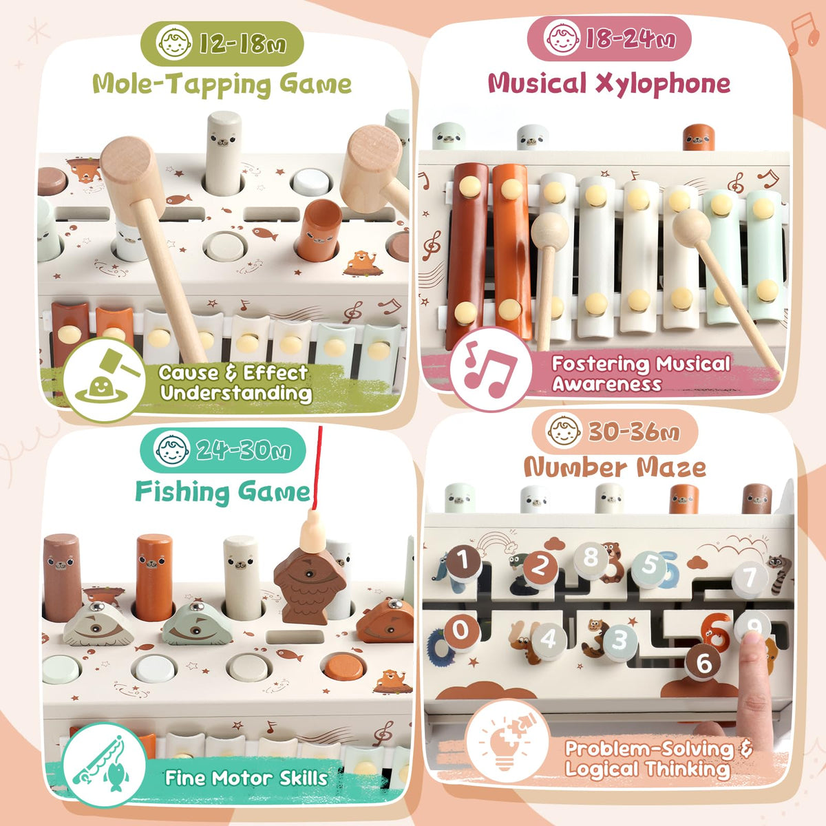 Fajiabao Wooden 4-in-1 Montessori Toy for Toddlers — 1 Year Old Learning Toy with Pounding Bench, Xylophone, Fishing Game & Number Maze