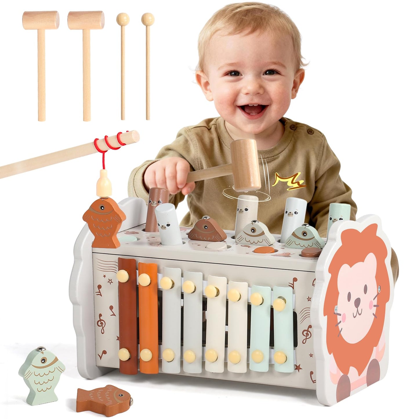 Fajiabao Wooden 4-in-1 Montessori Toy for Toddlers — 1 Year Old Learning Toy with Pounding Bench, Xylophone, Fishing Game & Number Maze