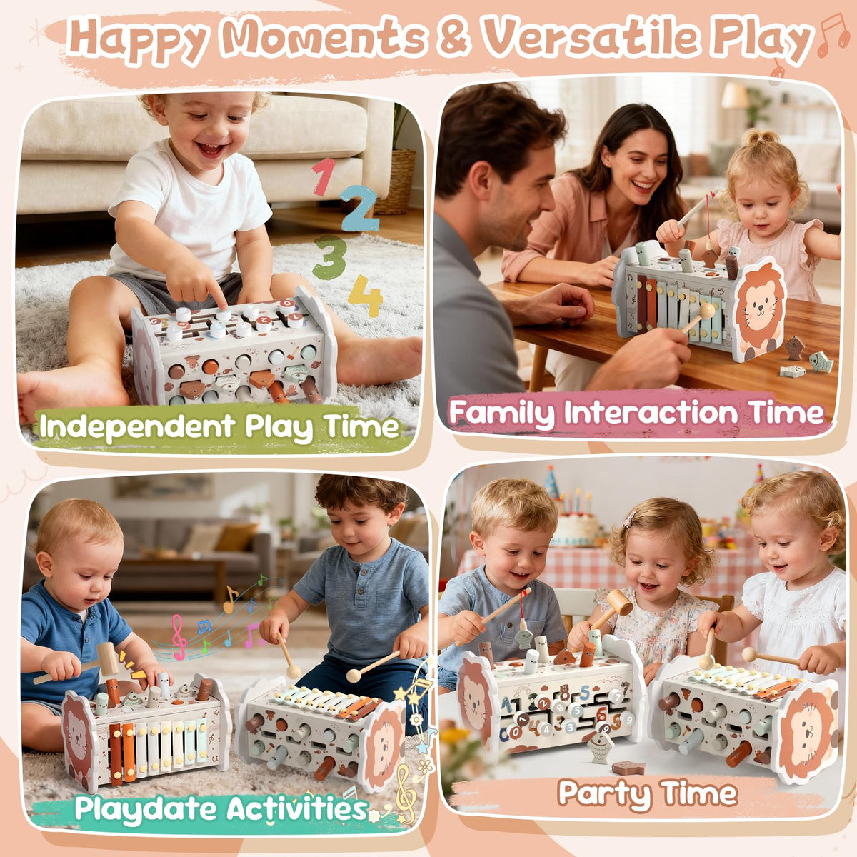 Fajiabao Wooden 4-in-1 Montessori Toy for Toddlers — 1 Year Old Learning Toy with Pounding Bench, Xylophone, Fishing Game & Number Maze