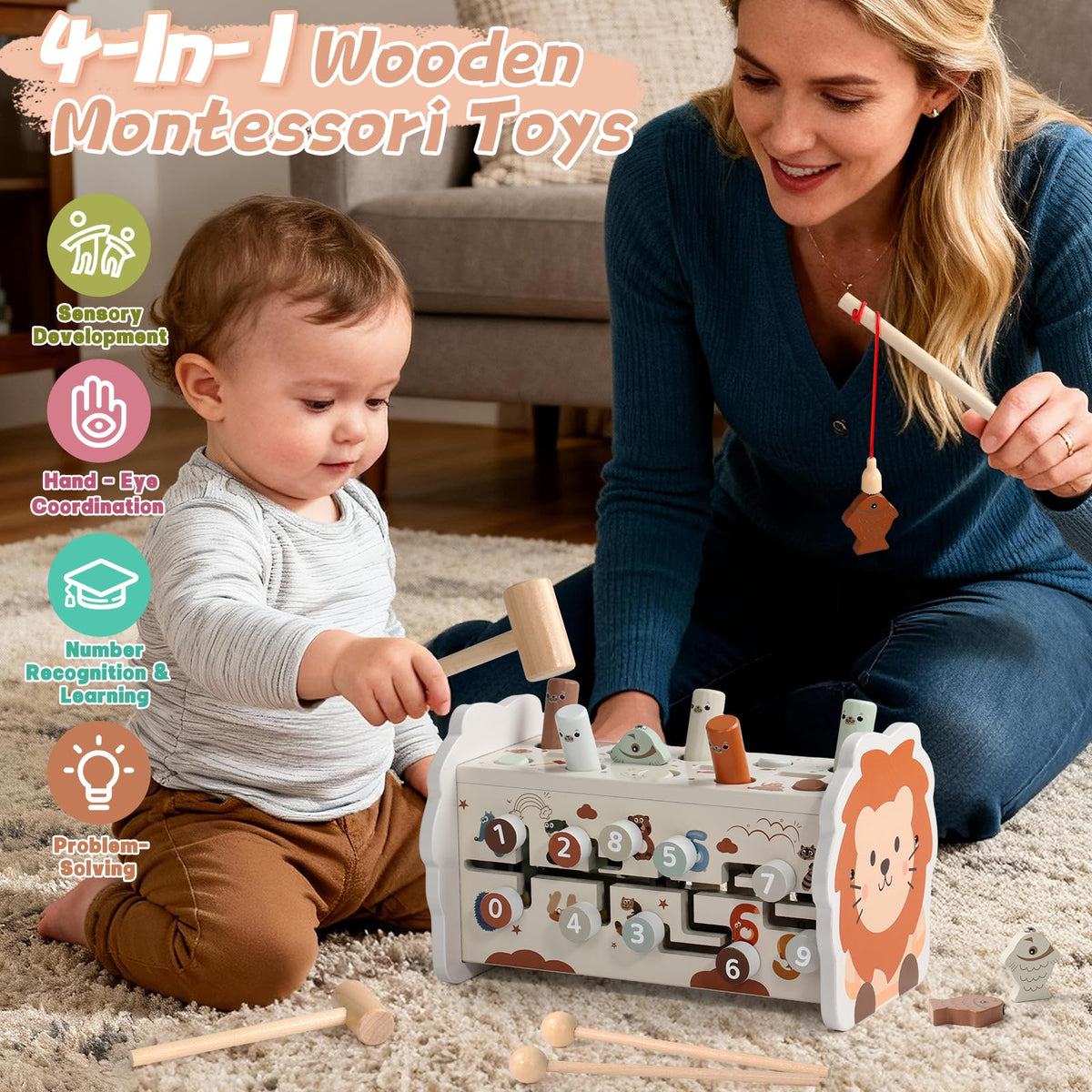 Fajiabao Wooden 4-in-1 Montessori Toy for Toddlers — 1 Year Old Learning Toy with Pounding Bench, Xylophone, Fishing Game & Number Maze