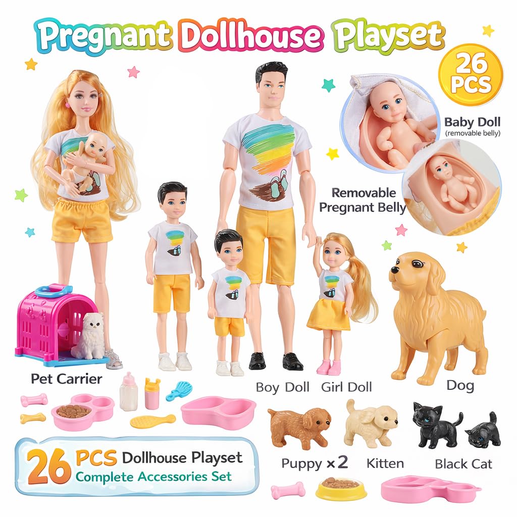 Family Doll Playset by Familydolls - Pregnant Mom, Dad, Kids & Pets