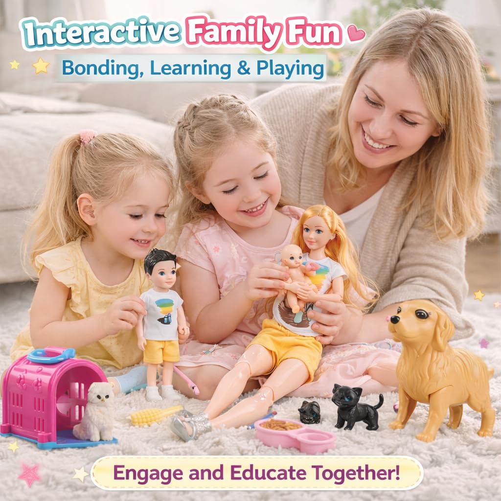 Family Doll Playset by Familydolls - Pregnant Mom, Dad, Kids & Pets