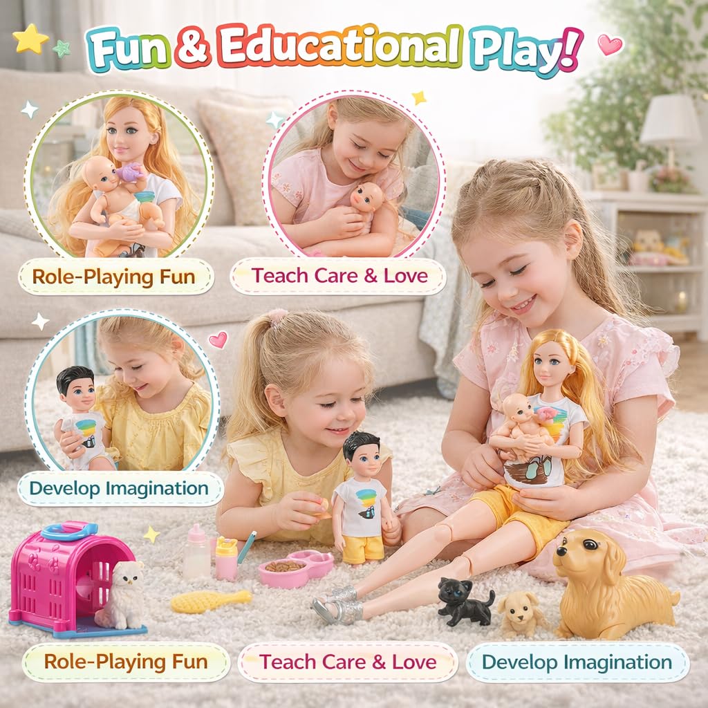 Family Doll Playset by Familydolls - Pregnant Mom, Dad, Kids & Pets