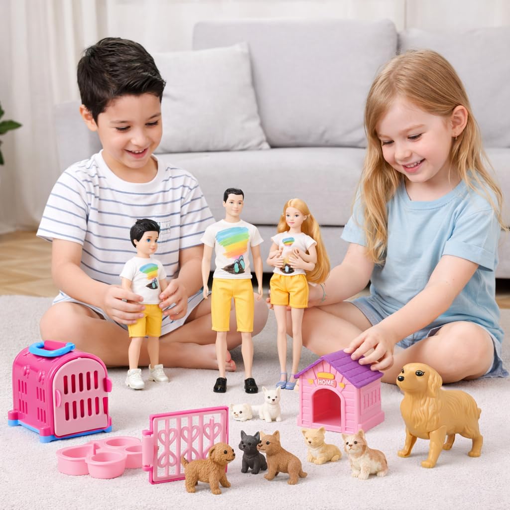Family Doll Playset by Familydolls - Pregnant Mom, Dad, Kids & Pets