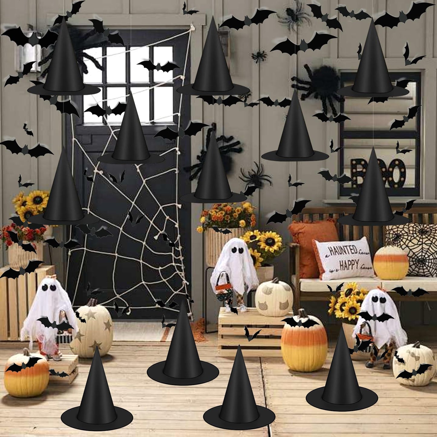 Famoby 12pc Halloween Black Witch Hat with 157 ft Cord & 120 Bat Stickers – Indoor/Outdoor Decor Kit