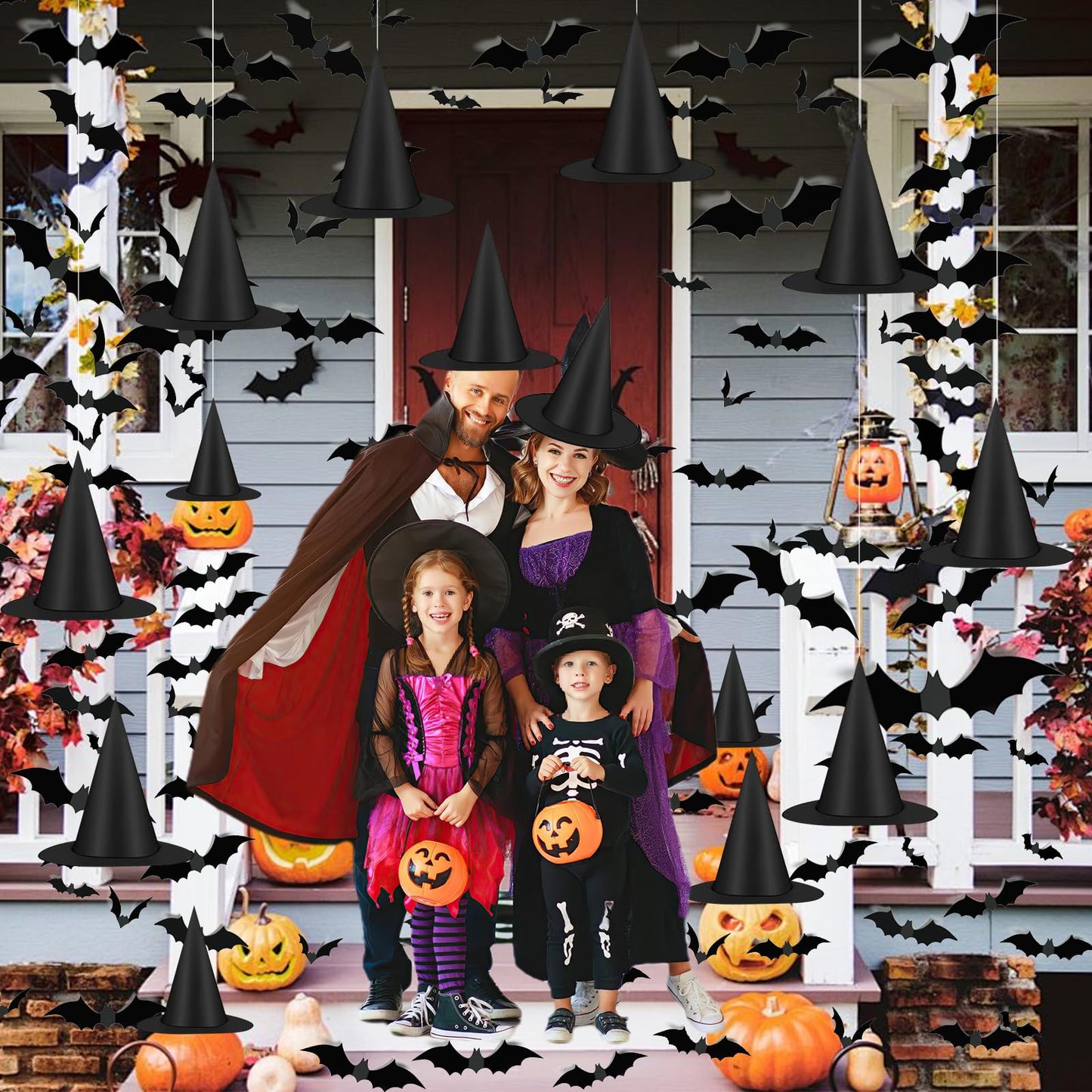 Famoby 12pc Halloween Black Witch Hat with 157 ft Cord & 120 Bat Stickers – Indoor/Outdoor Decor Kit