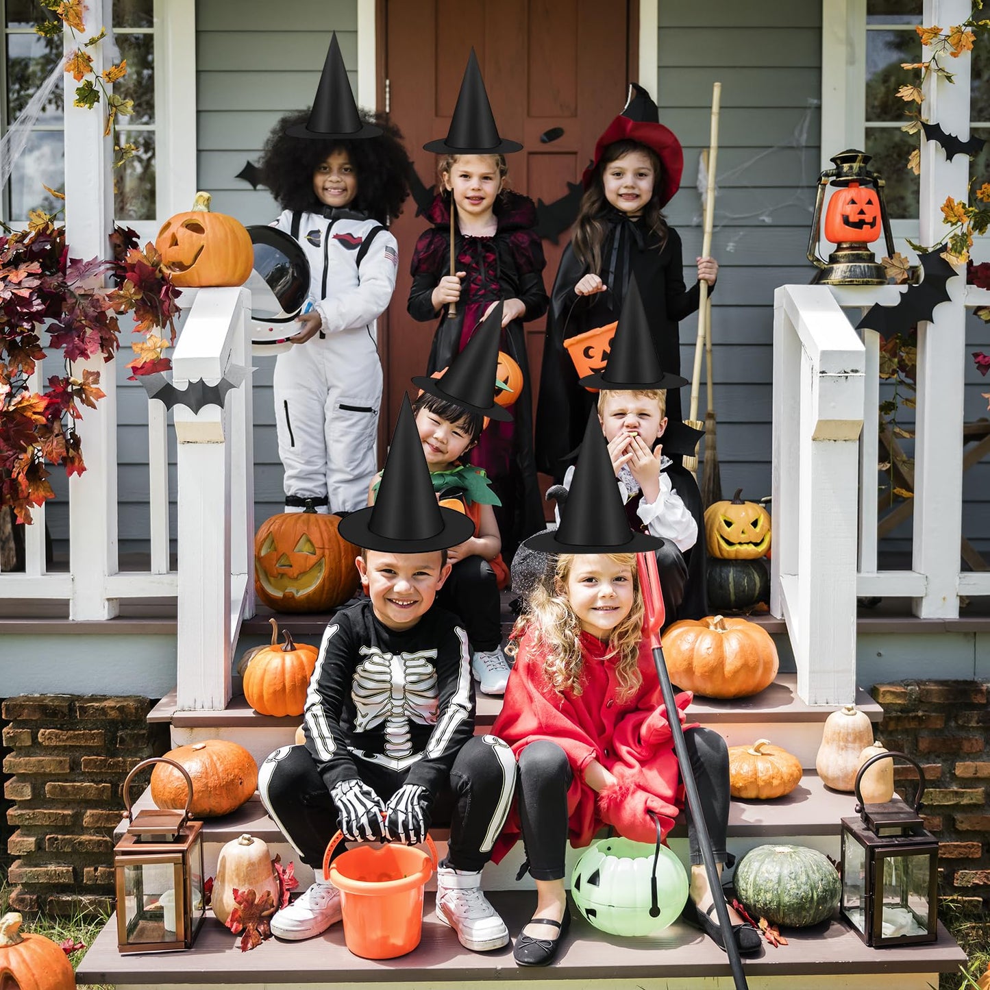 Famoby 12pc Halloween Black Witch Hat with 157 ft Cord & 120 Bat Stickers – Indoor/Outdoor Decor Kit