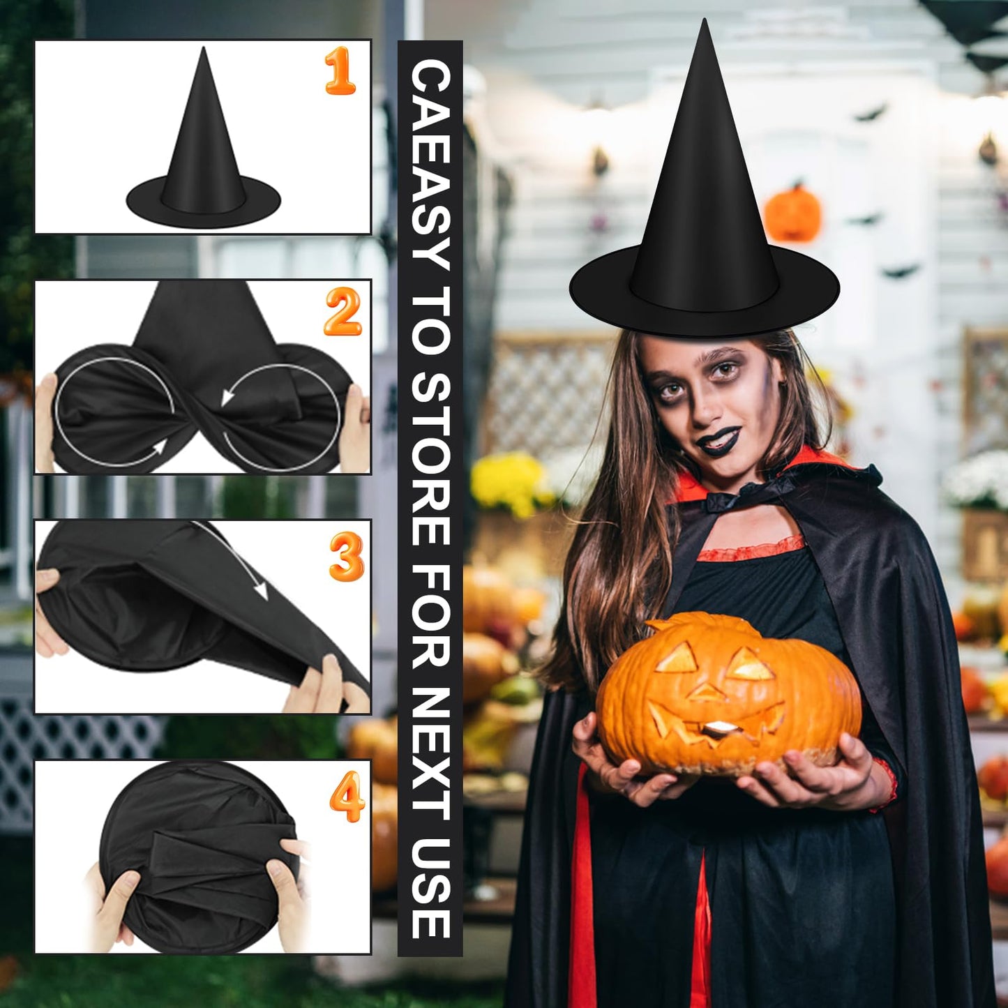 Famoby 12pc Halloween Black Witch Hat with 157 ft Cord & 120 Bat Stickers – Indoor/Outdoor Decor Kit