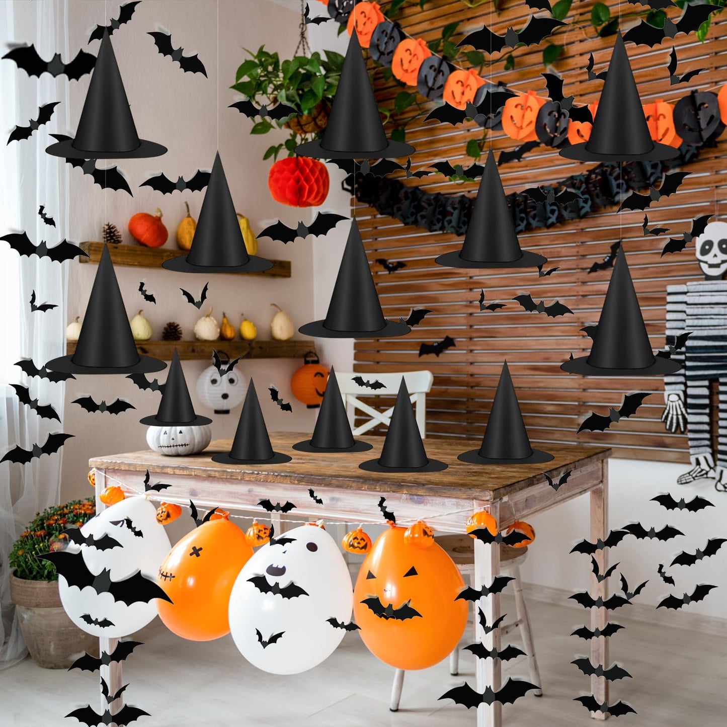 Famoby 12pc Halloween Black Witch Hat with 157 ft Cord & 120 Bat Stickers – Indoor/Outdoor Decor Kit