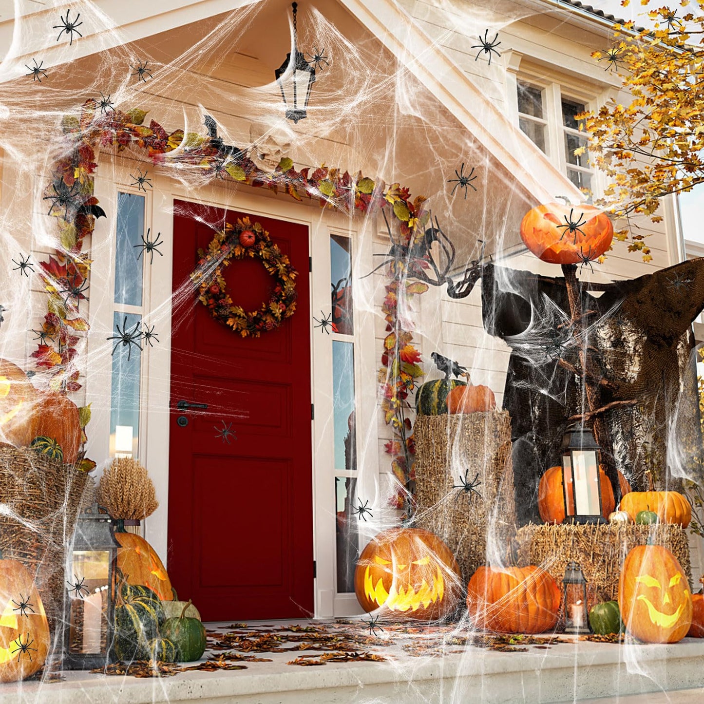 Famoby 12pc Halloween Black Witch Hat with 157 ft Cord & 120 Bat Stickers – Indoor/Outdoor Decor Kit