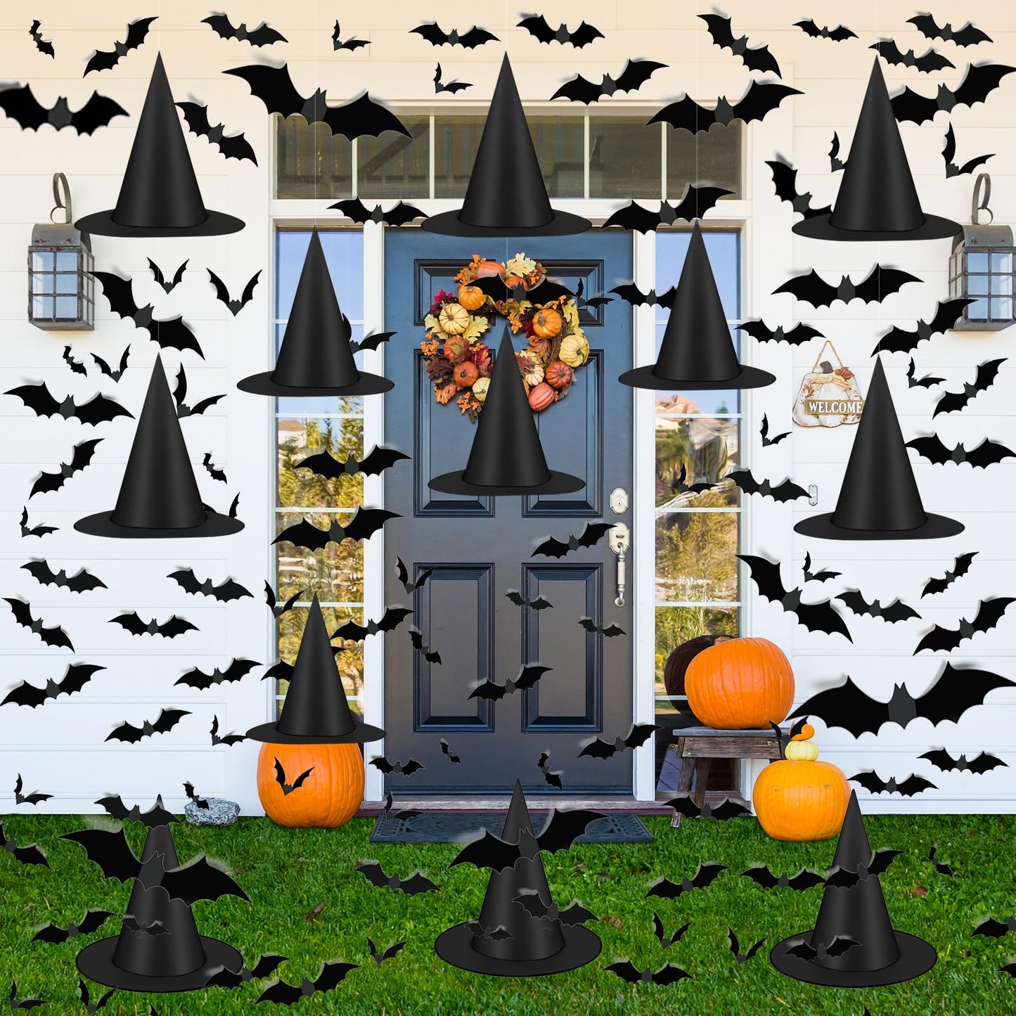 Famoby 12pc Halloween Black Witch Hat with 157 ft Cord & 120 Bat Stickers – Indoor/Outdoor Decor Kit