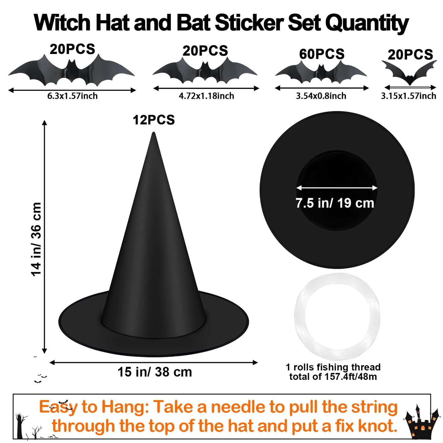 Famoby 12pc Halloween Black Witch Hat with 157 ft Cord & 120 Bat Stickers – Indoor/Outdoor Decor Kit