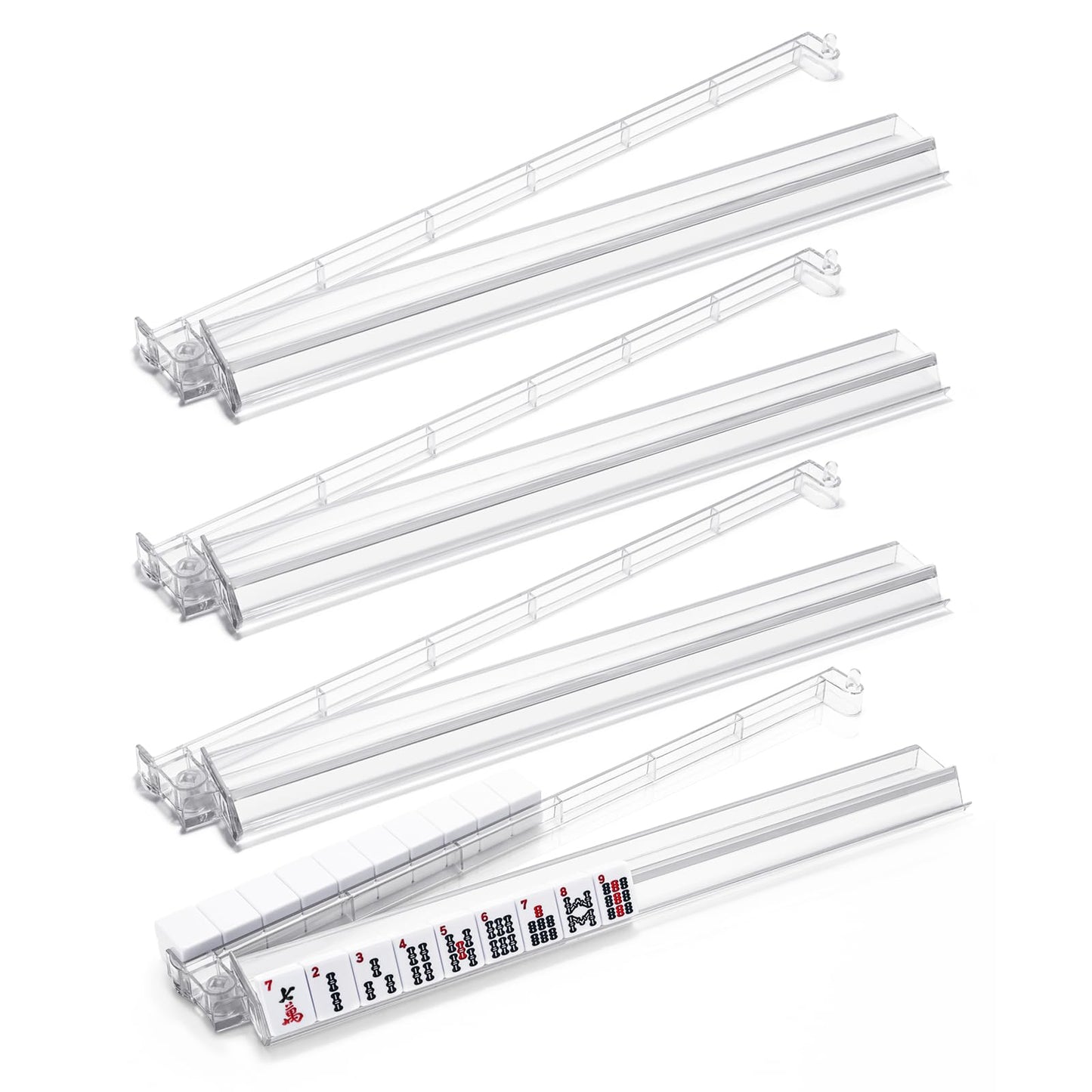 FamRica Mahjong Racks with Pushers – 4-Pack Clear Acrylic Tile Racks for Mahjong