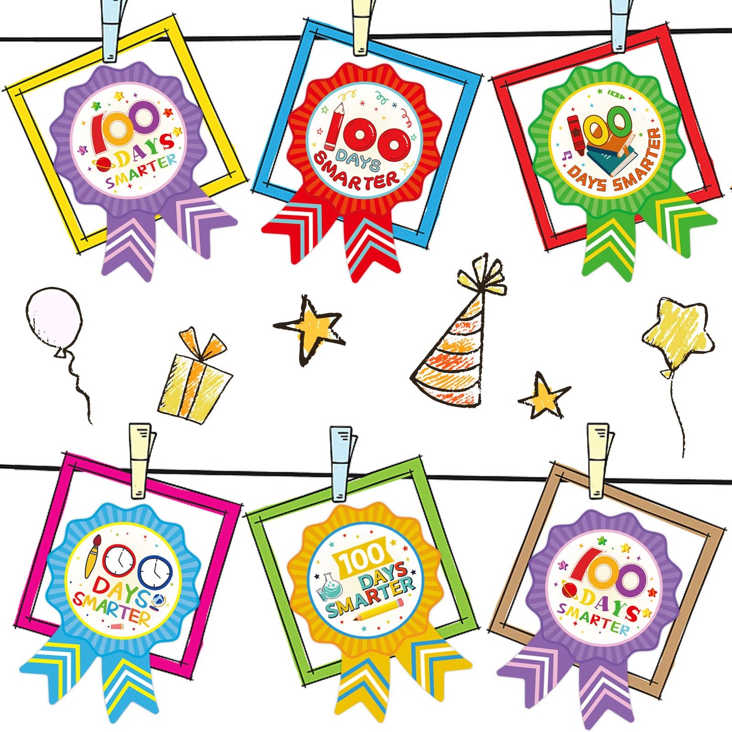 Fancy Land 100th Day of School Stickers for Kids – 200 Pcs, 5 Designs (100 Days Smarter)